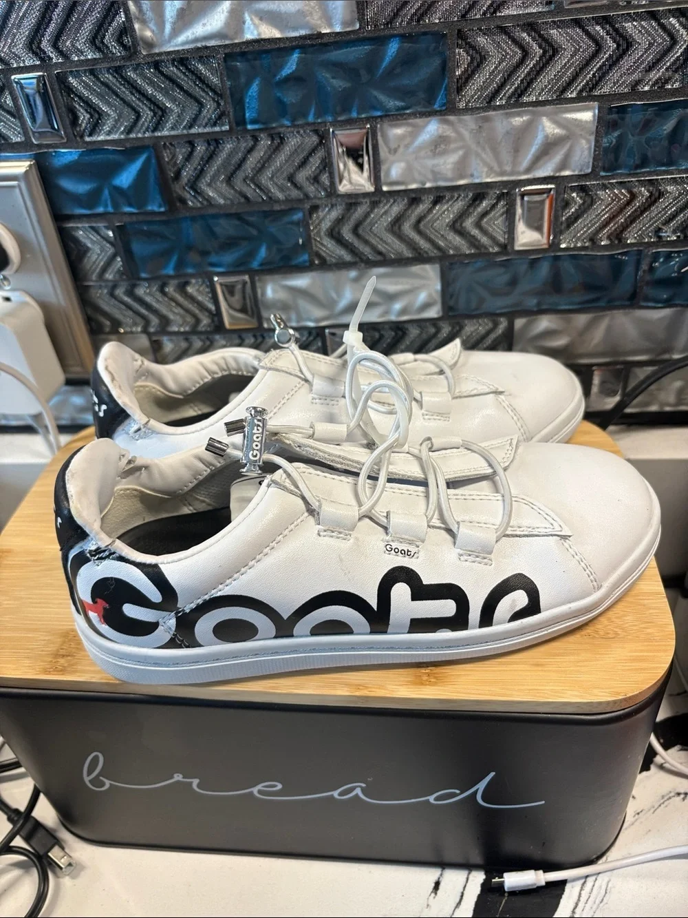 Kids White Sneakers with Black Logo Graphic